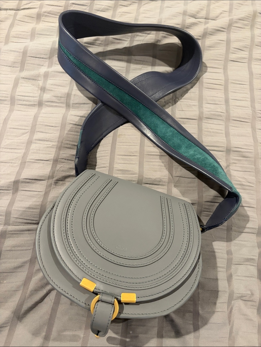 CHLOE Gray Saddle Crossbody Bag with GREY & Teal Strap Marcie